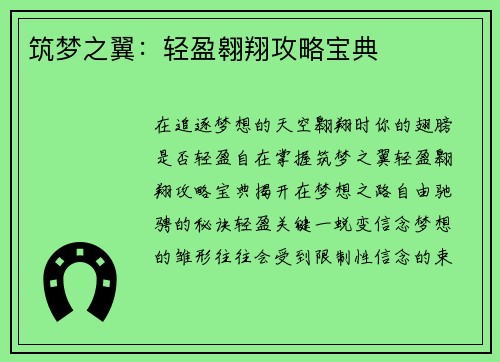 筑梦之翼：轻盈翱翔攻略宝典